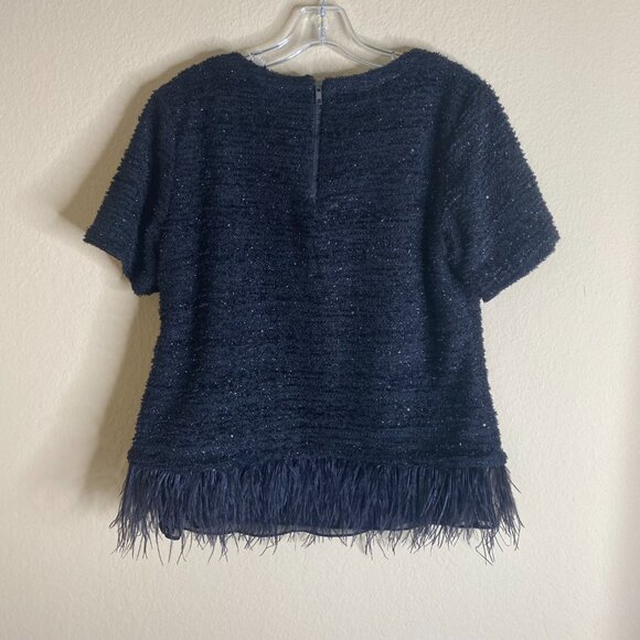 deletta anthropologie boucle short sleeve shimmer top w/ feather trim - Picture 5 of 5